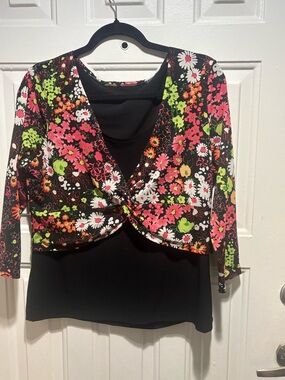 Floral Twist-Front Crop Top - Black with Pink & Green Floral Print